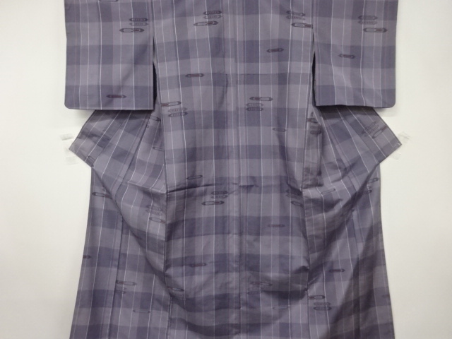 格子に抽象模様織出し手織り紬着物